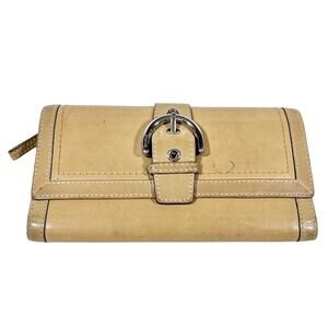 Vintage Coach Large Leather Wallet Tan Leather Silver Buckle Checkbook Cover